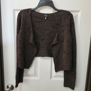 Eileen Fisher Brown Cropped Open Front Knit Italian Yarn Linen Blend Cardigan XS